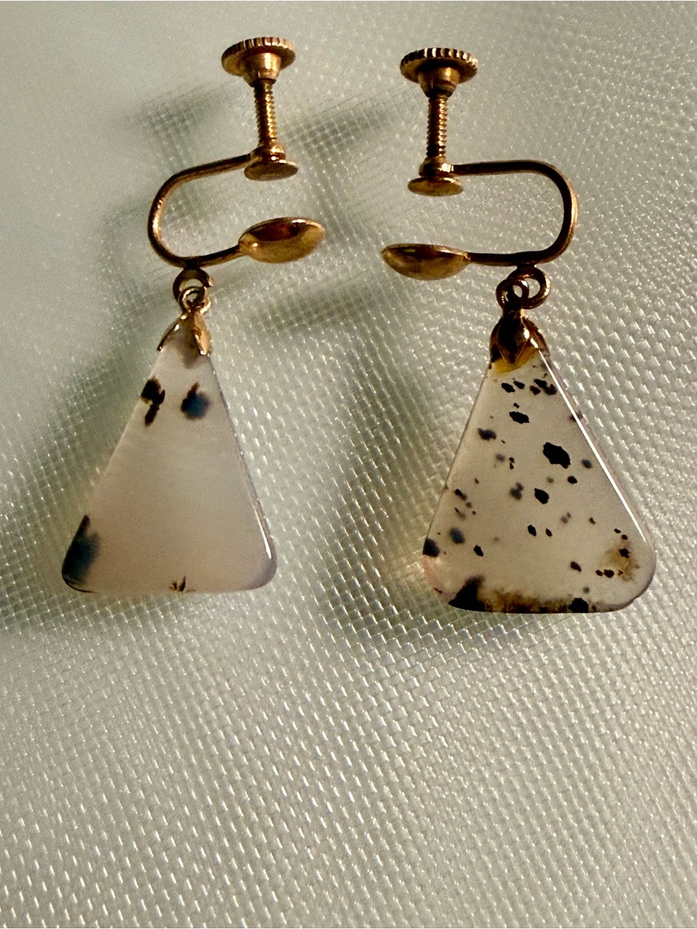 Gold-Tone Vintage Spotted AgateTriangle Drop Clip-On Earrings